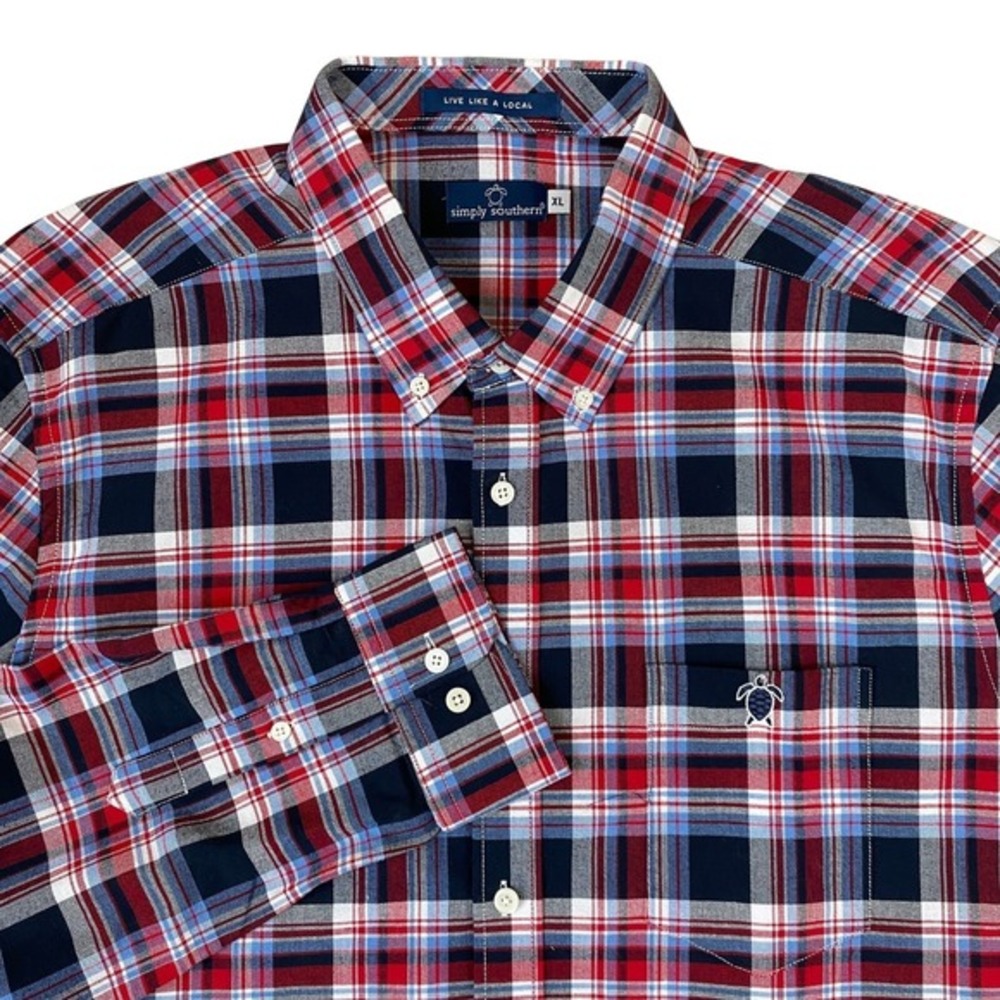 Simply Southern Button Down Shirt Men XL Navy Red Plaid Thick Cotton Long Sleeve